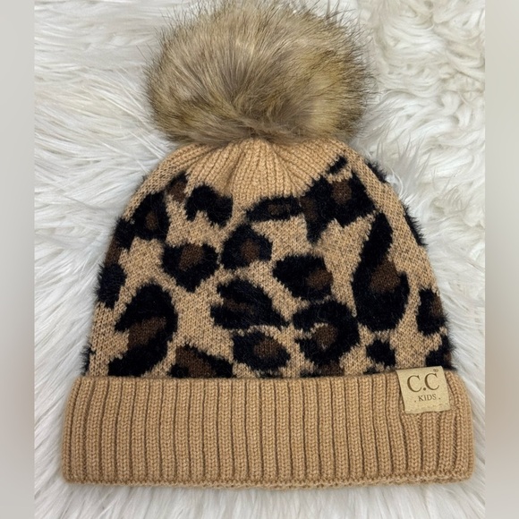 C.C. Exclusives Other - C.C Exclusives Soft Beanie Hat with Leopard Print Pattern and Faux Fur Pom